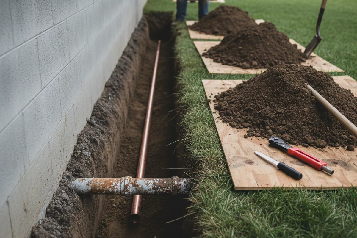 Excavated water line trench during Water Softener Installation in Riceville